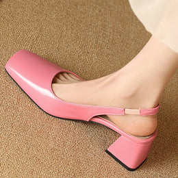 Damskie Buty Na Obcasie Typu Slingback Z Kwadratowym Noskiem I Blokowym Obcasem, Błyszczące Wykończenie