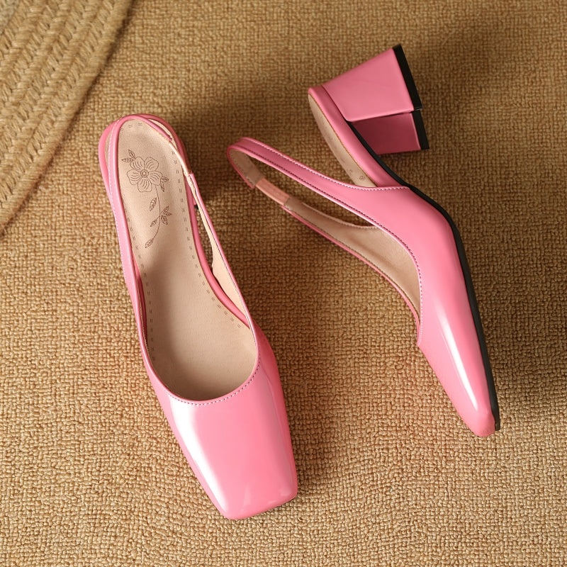 Damskie Buty Na Obcasie Typu Slingback Z Kwadratowym Noskiem I Blokowym Obcasem, Błyszczące Wykończenie
