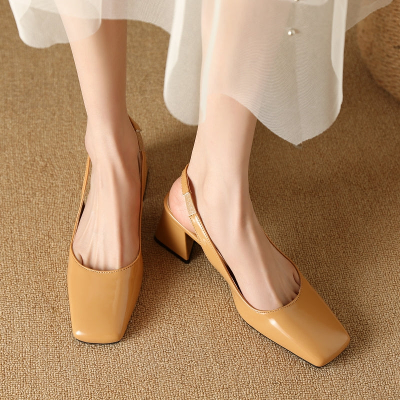 Damskie Buty Na Obcasie Typu Slingback Z Kwadratowym Noskiem I Blokowym Obcasem, Błyszczące Wykończenie