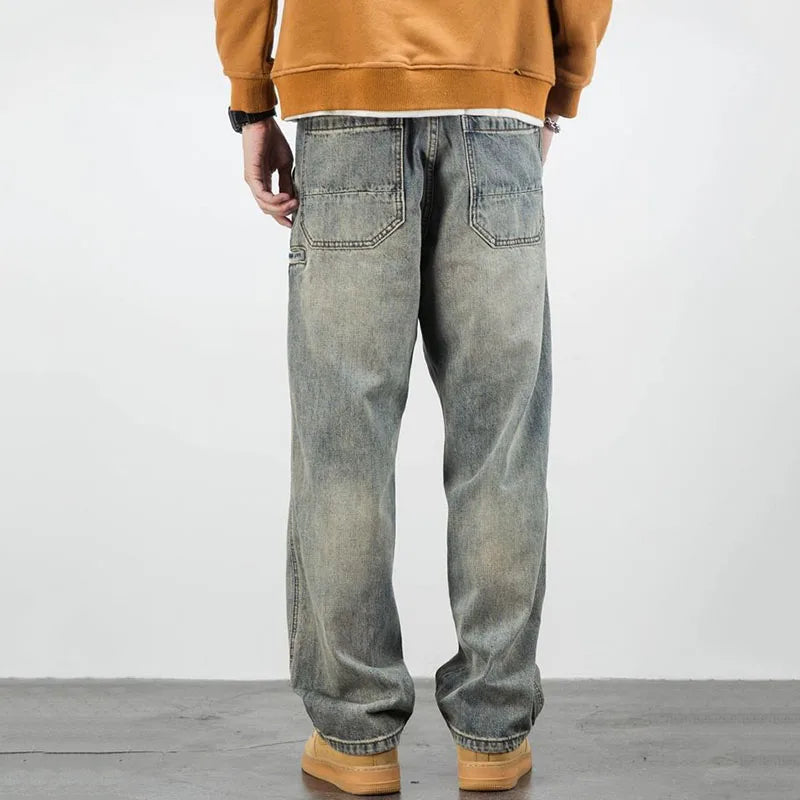 Męskie Jeansy Stone Washed Prosty Krój Wzmocnione Kieszenie