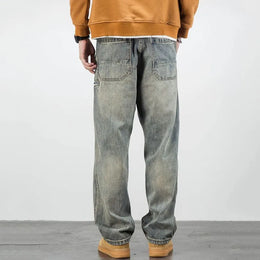 Męskie Jeansy Stone Washed Prosty Krój Wzmocnione Kieszenie