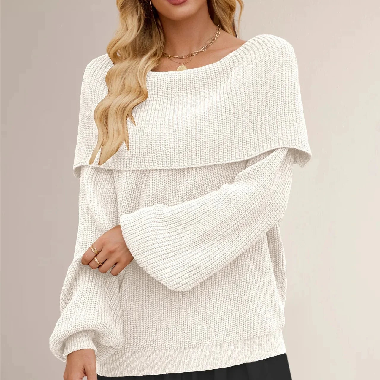 Damski Sweter Dzianinowy Wywijany Dekolt Szerokie Rękawy