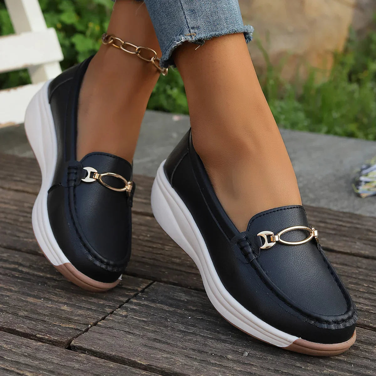 Damskie Mokasyny Na Platformie Gold Bit Slip On Z Elastyczna Podeszwa
