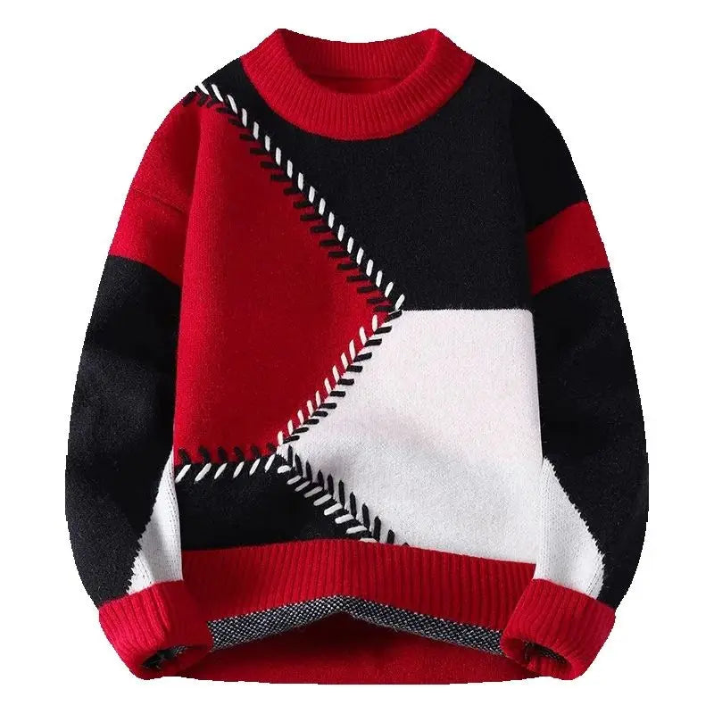 Męski Pulower z Geometrycznym Wzorem Color Blocking i Prążkowanym Wykończeniem