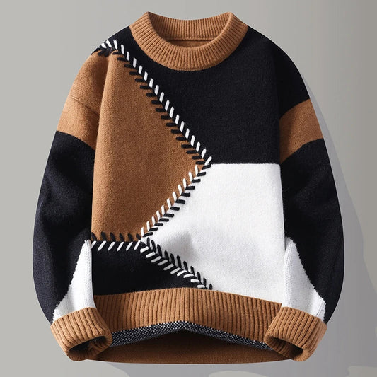 Męski Pulower z Geometrycznym Wzorem Color Blocking i Prążkowanym Wykończeniem