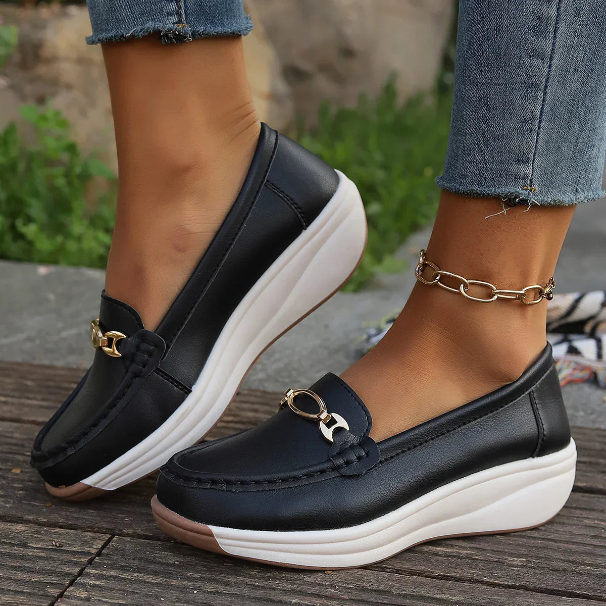 Damskie Mokasyny Na Platformie Gold Bit Slip On Z Elastyczna Podeszwa