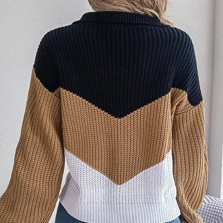 Damski Sweter Dzianinowy V-Neck Kolorowe Bloki