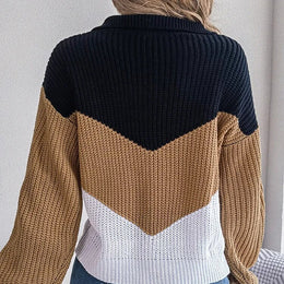 Damski Sweter Dzianinowy V-Neck Kolorowe Bloki