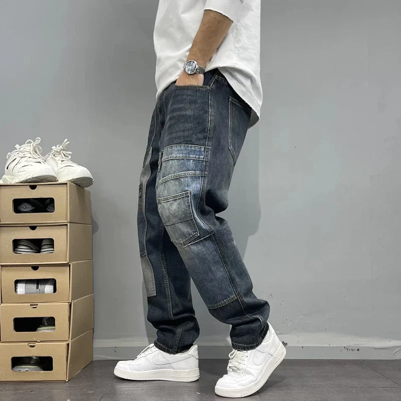 Męskie Jeansy Patchwork Cargo Zwężane Nogawki