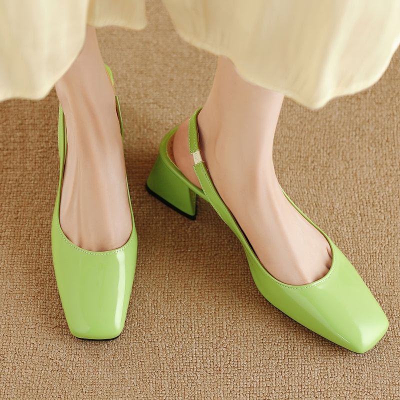 Damskie Buty Na Obcasie Typu Slingback Z Kwadratowym Noskiem I Blokowym Obcasem, Błyszczące Wykończenie