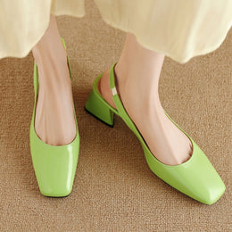 Damskie Buty Na Obcasie Typu Slingback Z Kwadratowym Noskiem I Blokowym Obcasem, Błyszczące Wykończenie