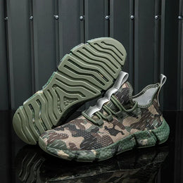 Męskie Sneakersy z Oddychającą Siatką, Wzorem Kamuflażu i Grubą Podeszwą