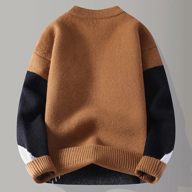 Męski Pulower z Geometrycznym Wzorem Color Blocking i Prążkowanym Wykończeniem