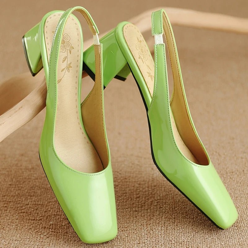 Damskie Buty Na Obcasie Typu Slingback Z Kwadratowym Noskiem I Blokowym Obcasem, Błyszczące Wykończenie