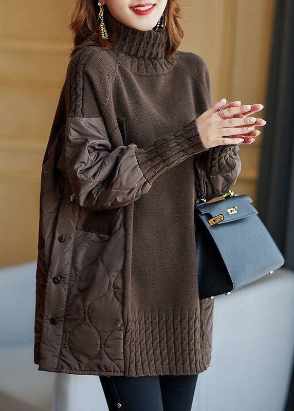 Damski Jesienny Sweter Dzianinowy z Golfem Patchwork Luźny Krój