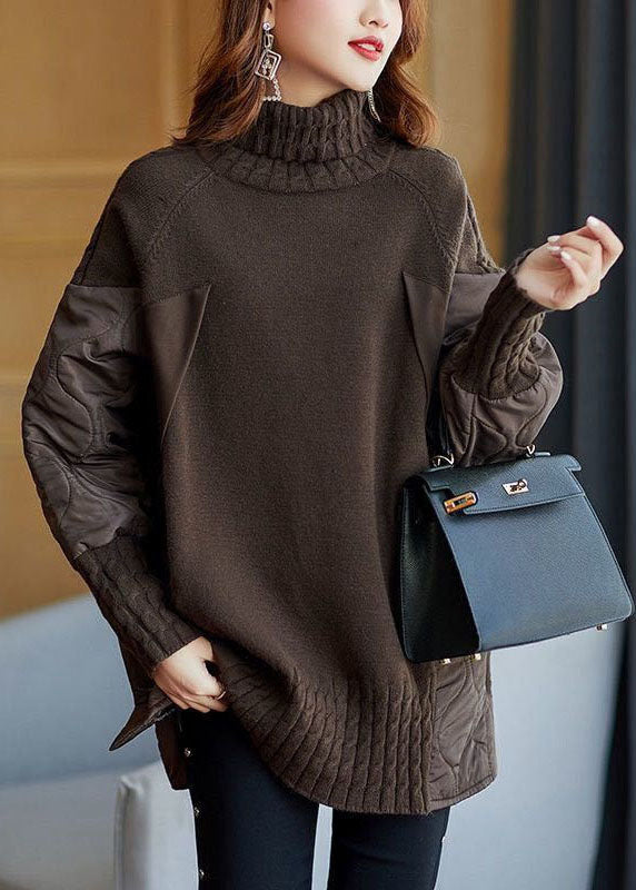 Damski Jesienny Sweter Dzianinowy z Golfem Patchwork Luźny Krój