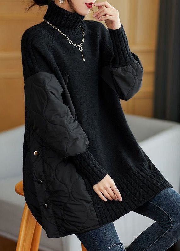 Damski Jesienny Sweter Dzianinowy z Golfem Patchwork Luźny Krój