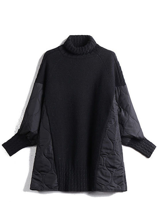 Damski Jesienny Sweter Dzianinowy z Golfem Patchwork Luźny Krój