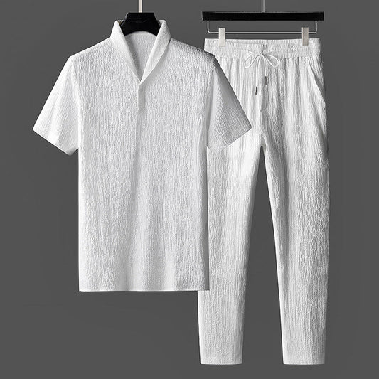 Męski Letni Komplet Loungewear – Top z Kołnierzem Szalowym i Spodnie