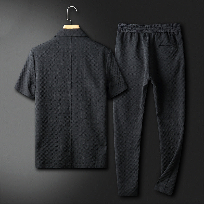 Męski Komplet Loungewear – Koszula Na Guziki Ze Stójką I Luźne Spodnie Z Kieszeniami