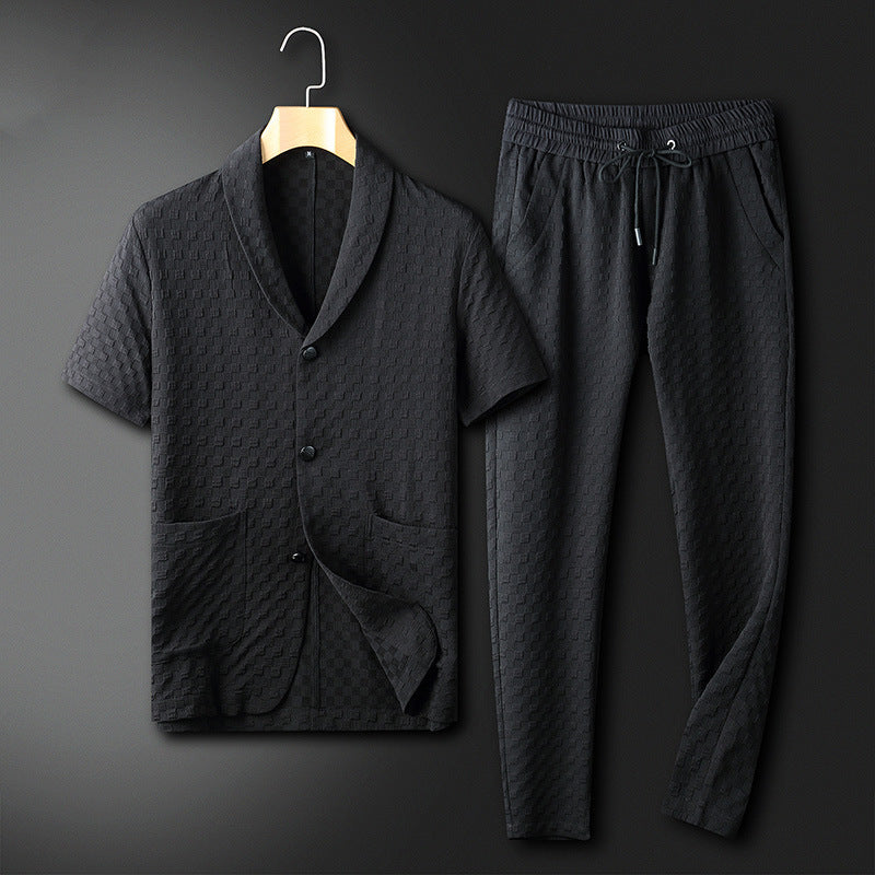 Męski Komplet Loungewear – Koszula Na Guziki Ze Stójką I Luźne Spodnie Z Kieszeniami