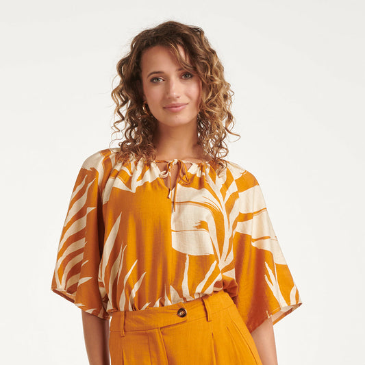 Damska Tunika Z Nadrukiem W Liscie, Wiazanie Pod Szyja, Luzny Kroj