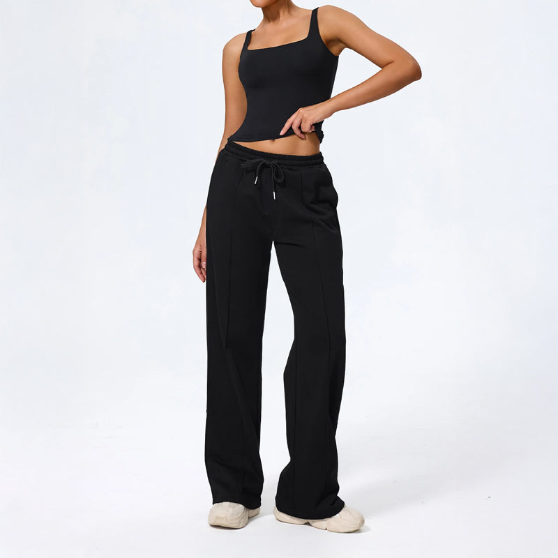 Damskie Spodnie Loungewear z Szeroką Nogawką, Długość Maxi i Wiązaniem w Pasie