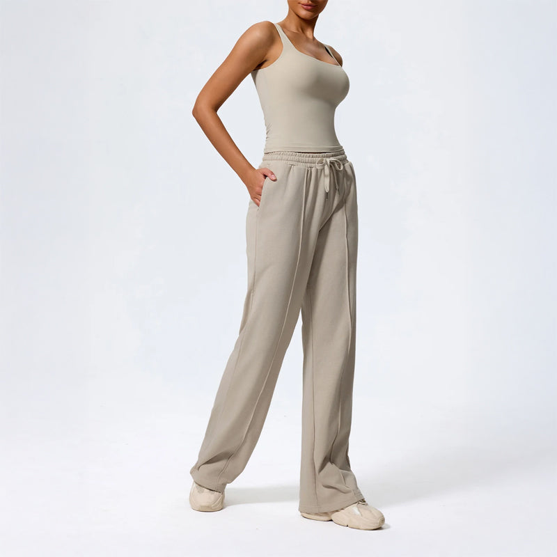 Damskie Spodnie Loungewear z Szeroką Nogawką, Długość Maxi i Wiązaniem w Pasie