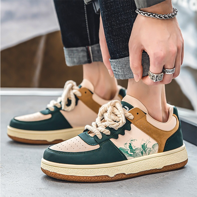 Męskie Sneakersy Sznurowane z Grubą Gumową Podeszwą i Okrągłym Noskiem