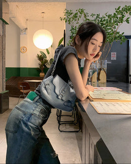 Damskie Jeansy z Mieszanki Denimu w Stylu Retro z Prostą Nogawką i Przetarciami