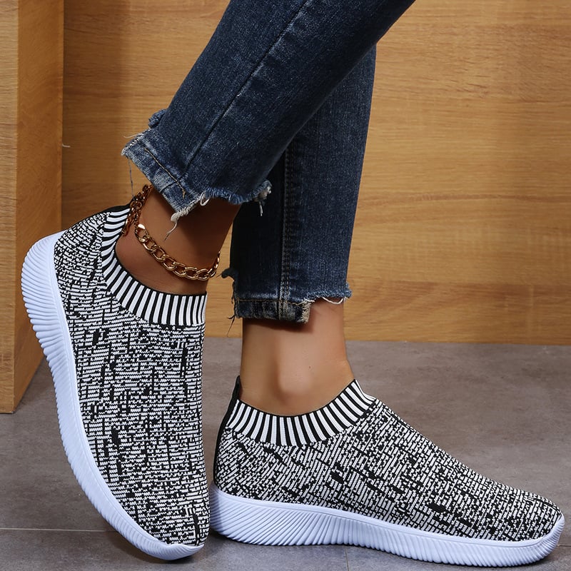 Damskie Dzianinowe Buty Typu Sock z Paskami, Okrągłym Noskiem i Płaską Podeszwą