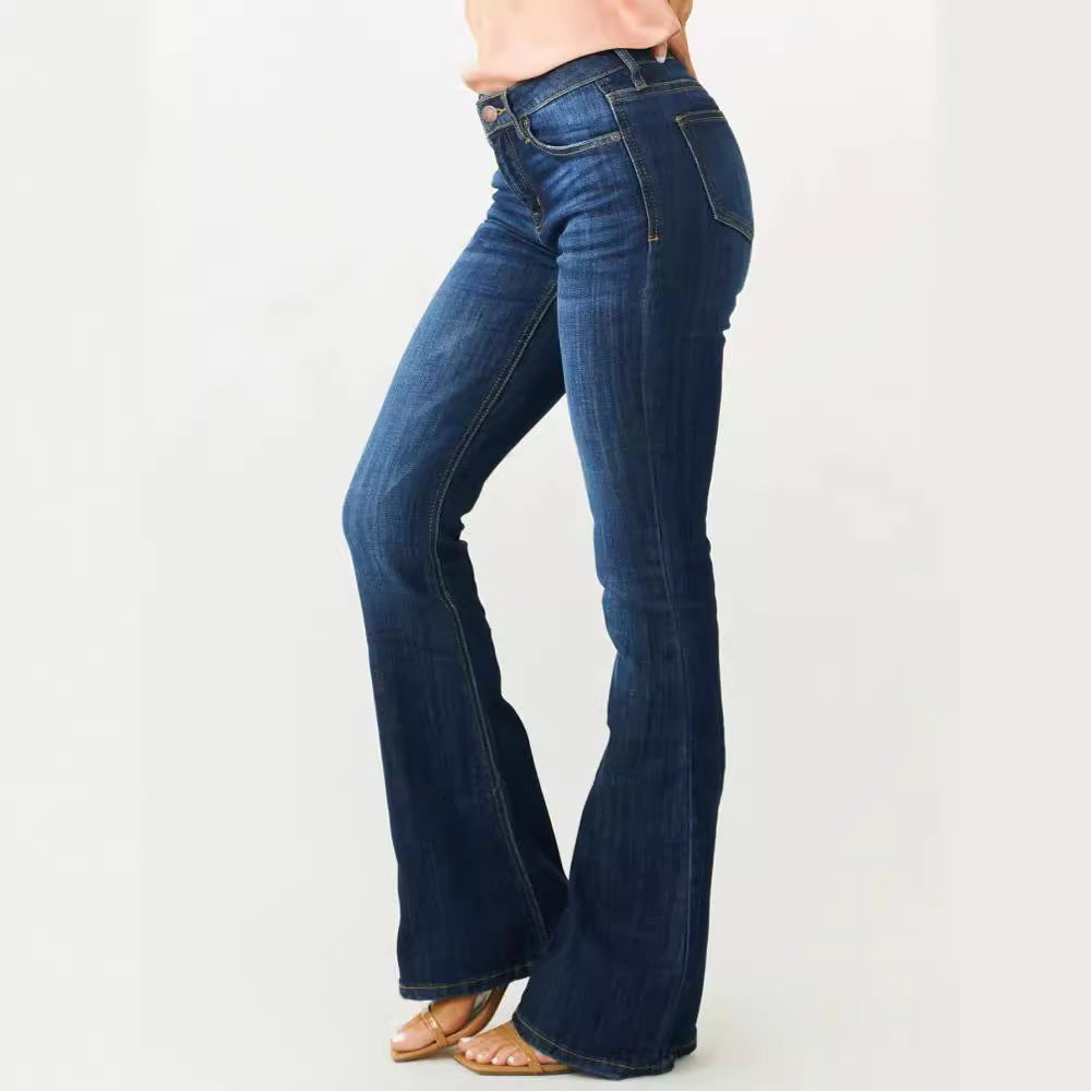 Damskie Jeansy Dzwony z Średnim Stanem i Przetarciami w Stylu Bootcut