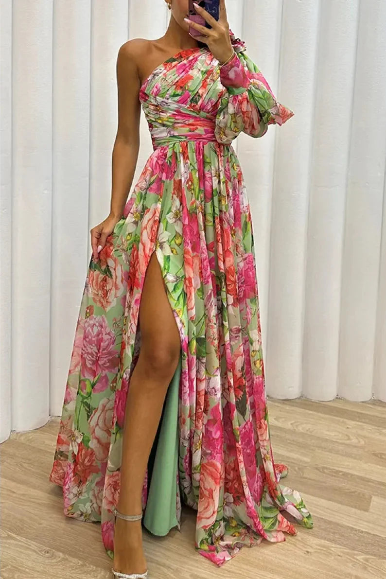 Damska Letnia Sukienka Maxi – Jedno Ramię, Długi Rękaw, Kwiatowy Print, Rozcięcie
