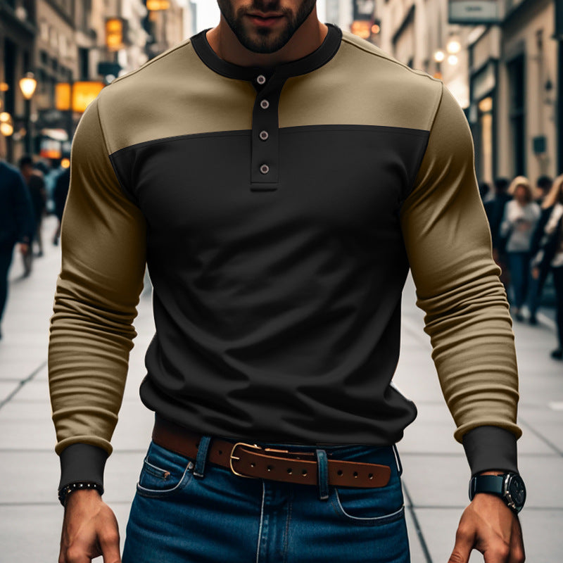 Męska Koszulka Henley Z Długim Rękawem I Wzorem Color Block