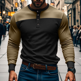 Męska Koszulka Henley Z Długim Rękawem I Wzorem Color Block