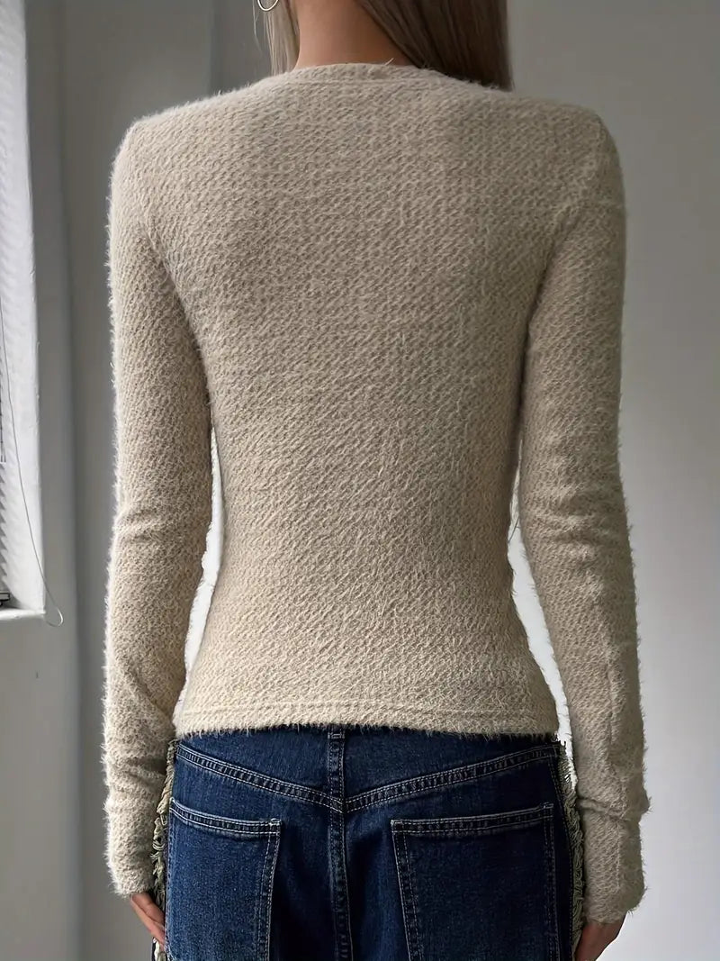Damski Sweter Dzianinowy z Okrągłym Dekoltem Minimalistyczny Design