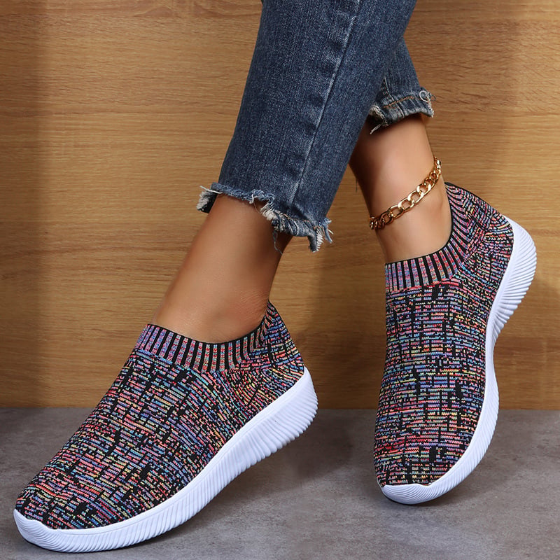 Damskie Dzianinowe Buty Typu Sock z Paskami, Okrągłym Noskiem i Płaską Podeszwą
