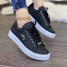 Damskie Płaskie Sneakersy Sznurowane z Oddychającą Cholewką, Okrągłym Noskiem i Podeszwą PU