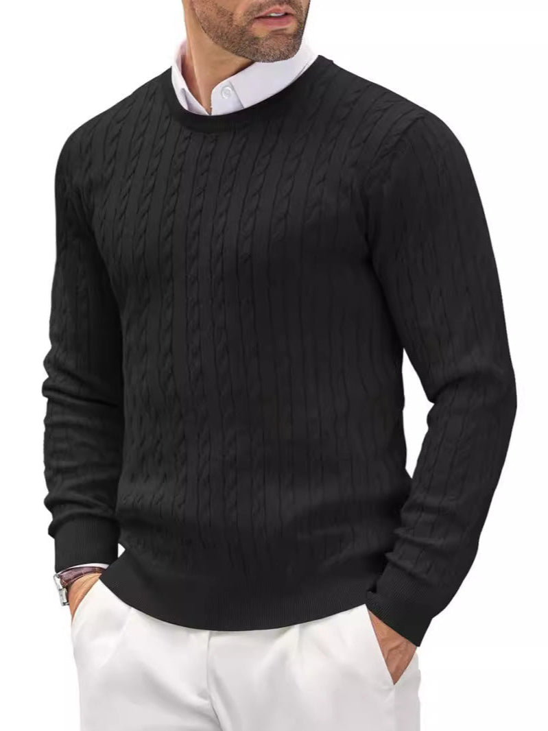 Męski Sweter Jesienny Dzianinowy Slim Fit Skręcony Wzór Okrągły Dekolt