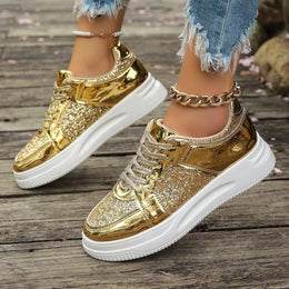 Damskie Sneakersy Sznurowane z Cekinowymi Detalami i Grubą Płaską Podeszwą