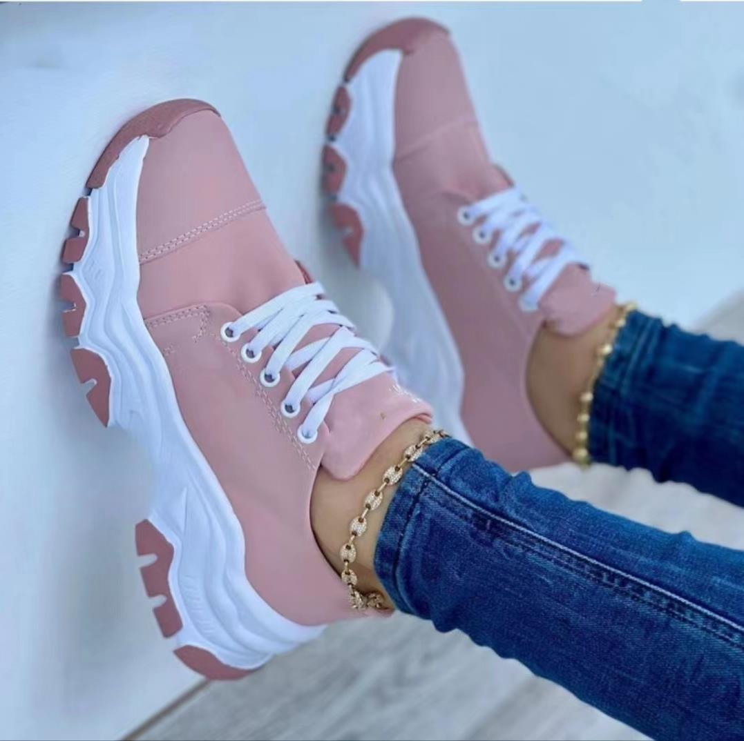 Damskie Letnie Sneakersy Sportowe na Platformie z Sznurowaniem, Okrągłym Noskiem i Średnim Obcasem