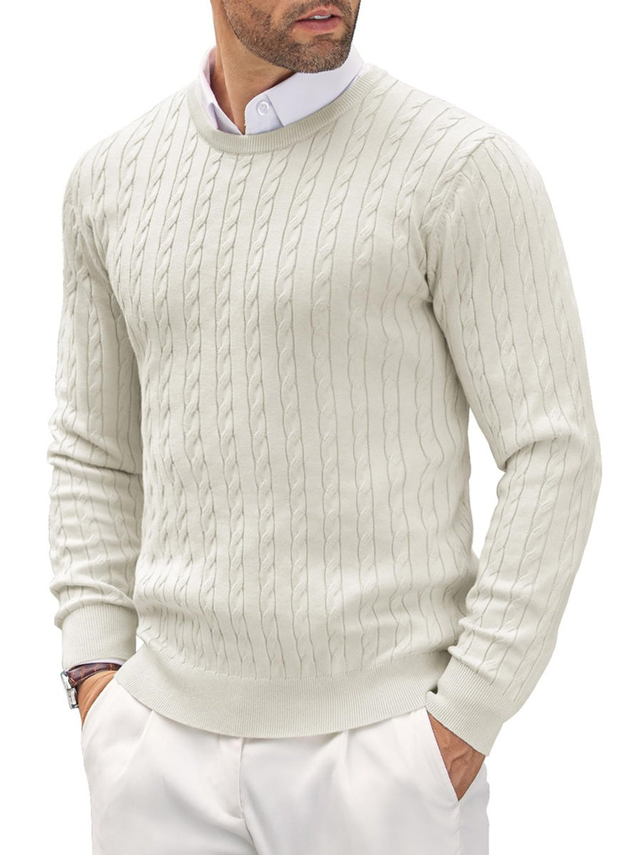 Męski Sweter Jesienny Dzianinowy Slim Fit Skręcony Wzór Okrągły Dekolt