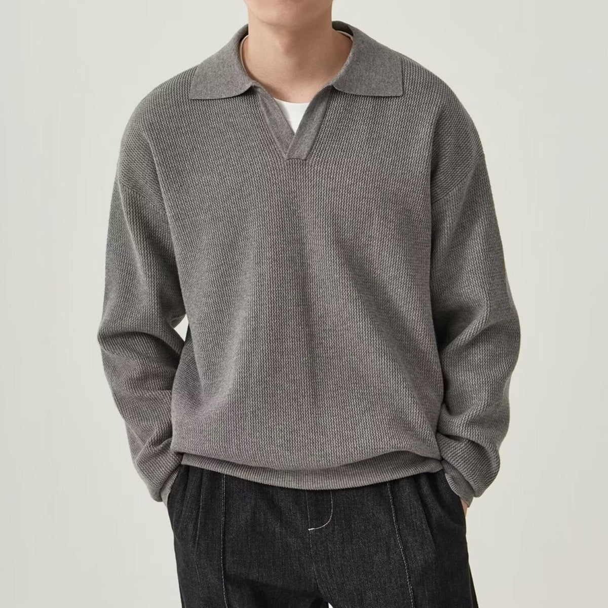 Męski Pulower z Długim Rękawem – Slim Fit, Jednolity Kolor
