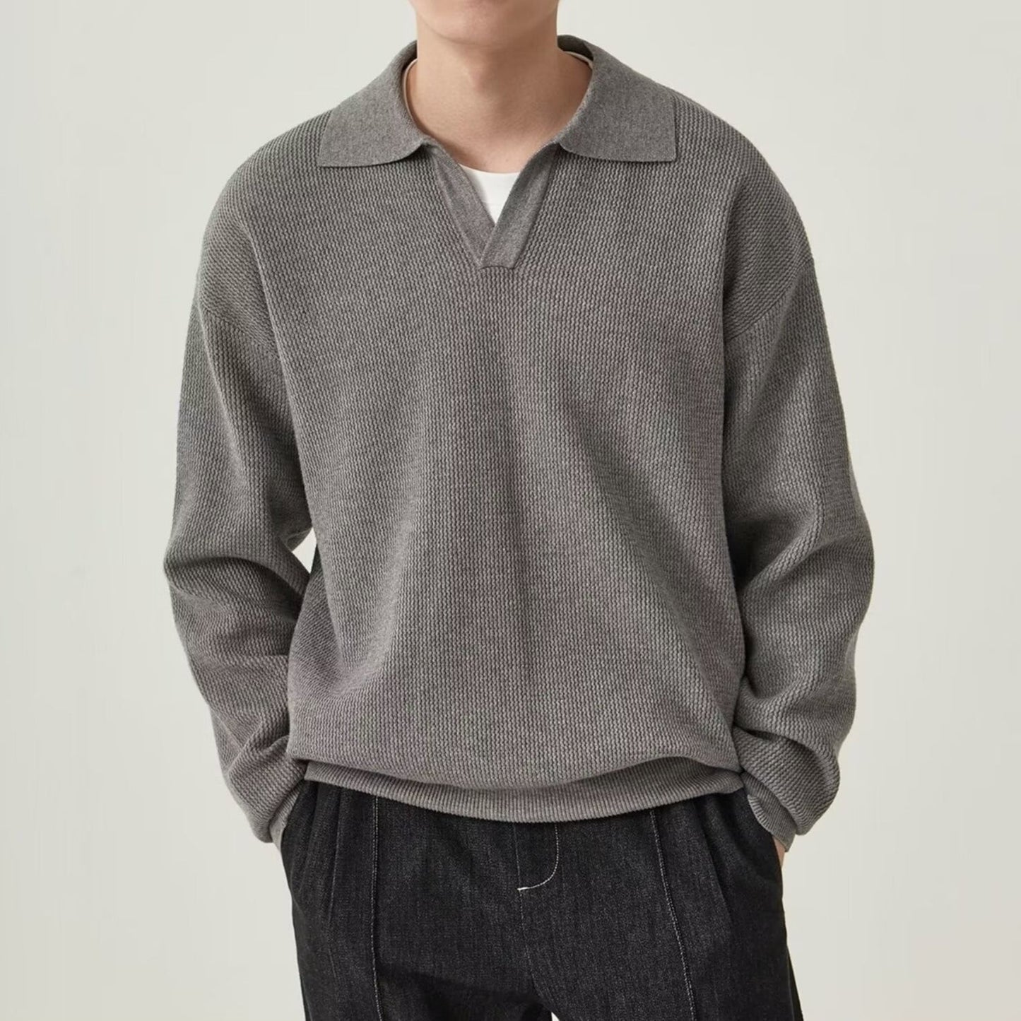 Męski Pulower z Długim Rękawem – Slim Fit, Jednolity Kolor