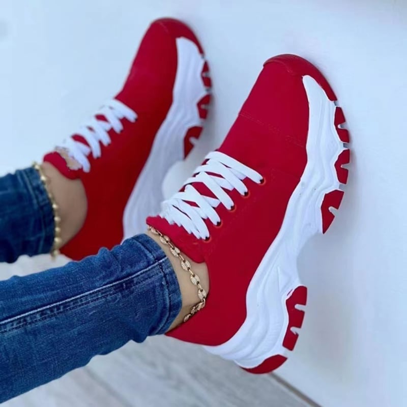 Damskie Letnie Sneakersy Sportowe na Platformie z Sznurowaniem, Okrągłym Noskiem i Średnim Obcasem
