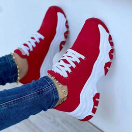 Damskie Letnie Sneakersy Sportowe na Platformie z Sznurowaniem, Okrągłym Noskiem i Średnim Obcasem