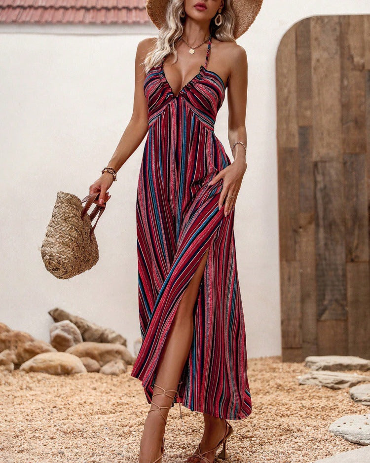 Damska Letnia Sukienka Letnia Bez Rekawow, Z Nadrukiem, Z Wiazaniem, Midi