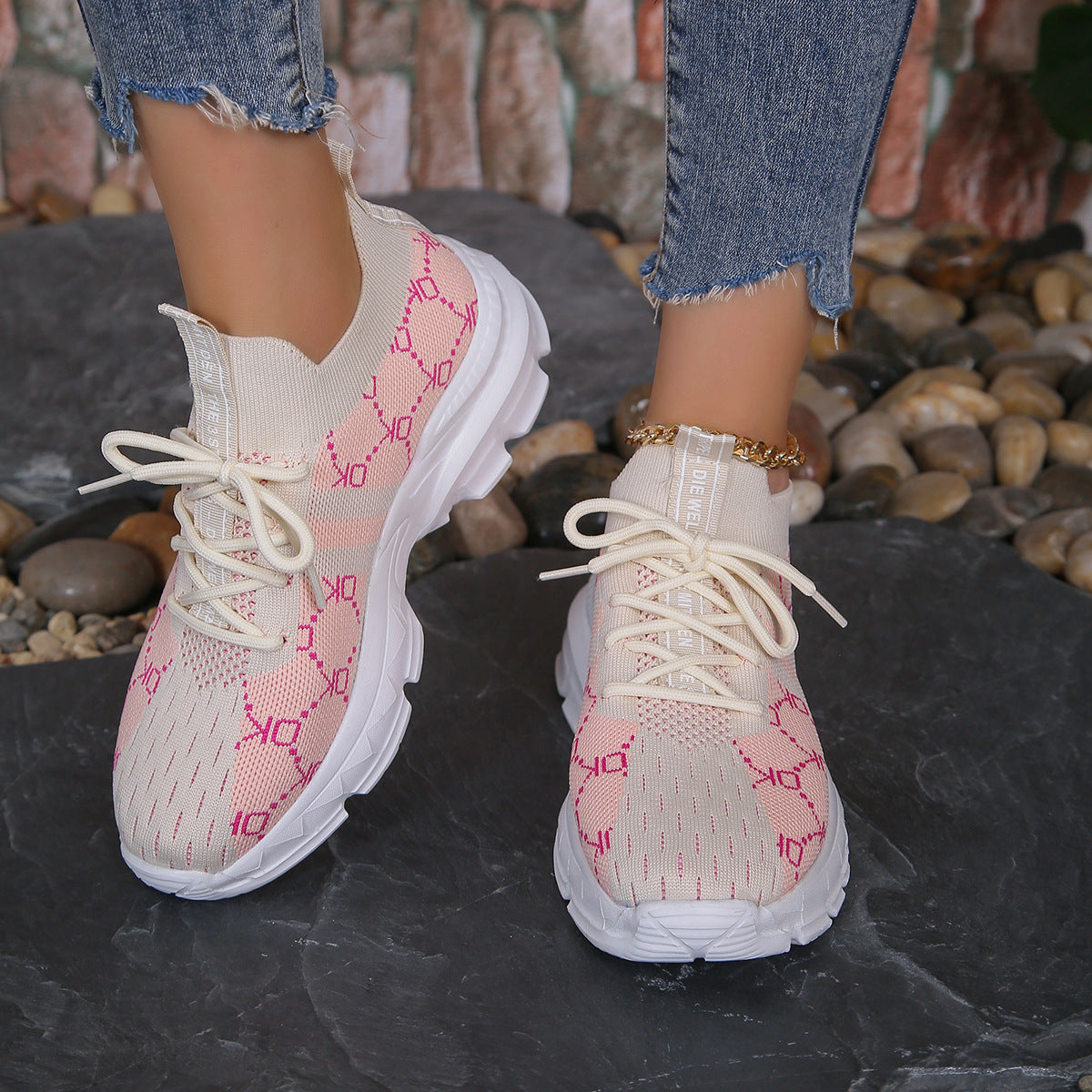 Damskie Sneakersy Siateczkowe ze Sznurowaniem, Okrągłym Noskiem i Płaską Gumową Podeszwą
