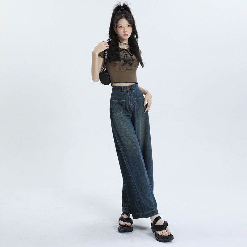 Damskie Spodnie z Mieszanki Denimu w Stylu Retro z Wysokim Stanem i Luźną Prostą Nogawką