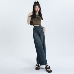 Damskie Spodnie z Mieszanki Denimu w Stylu Retro z Wysokim Stanem i Luźną Prostą Nogawką